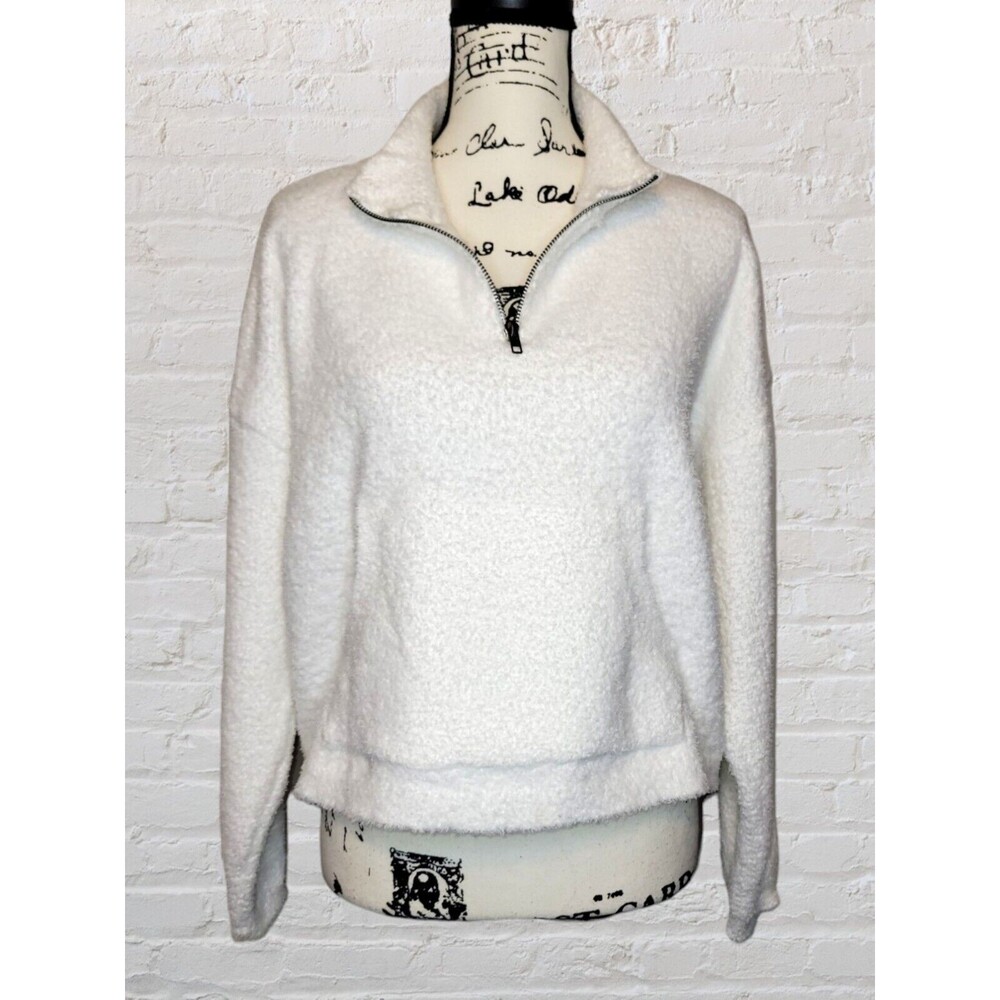 NEW Nordstrom Cropped Teddy Sweatshirt Size LG White Quarter Zip Pullover Cozy
